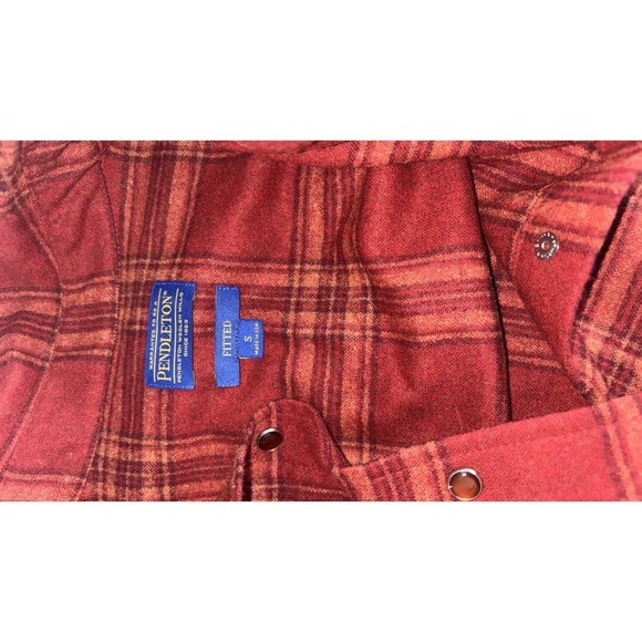 Pendleton Epic 100% Wool Long Sleeve Pearl Snap Plaid Shirt S Tan /Red Wms - Picture 2 of 5